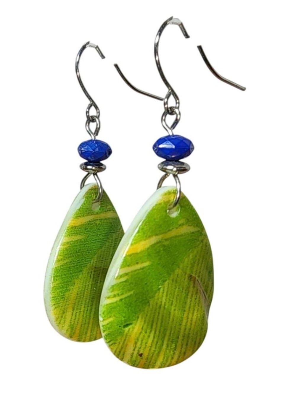 Women's Green Shell Dangle Teardrop Earrings Blue Beaded Feathered Look Jewelry